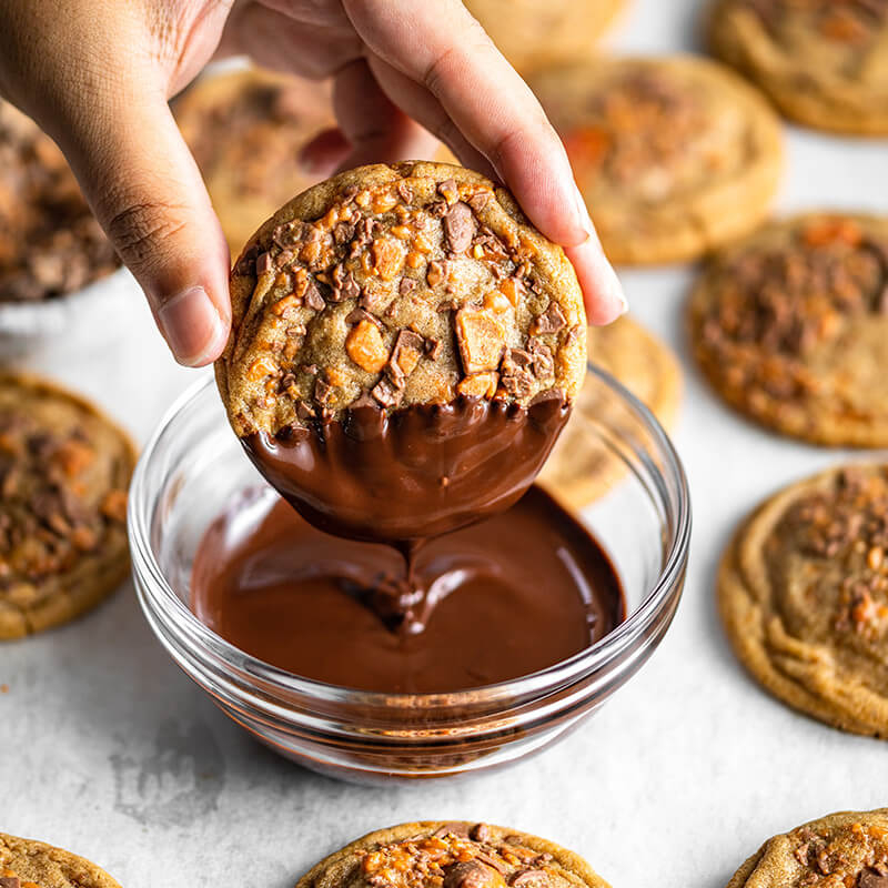 Chocolate Dipped Peanut Butter Butterfinger Cookies Thumbnail
