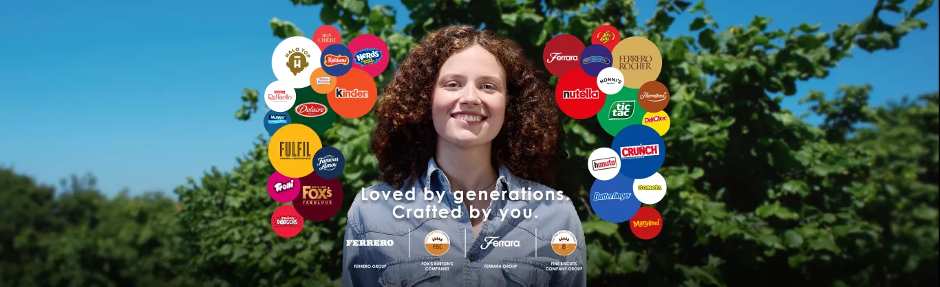 Brands logos and woman smiling 