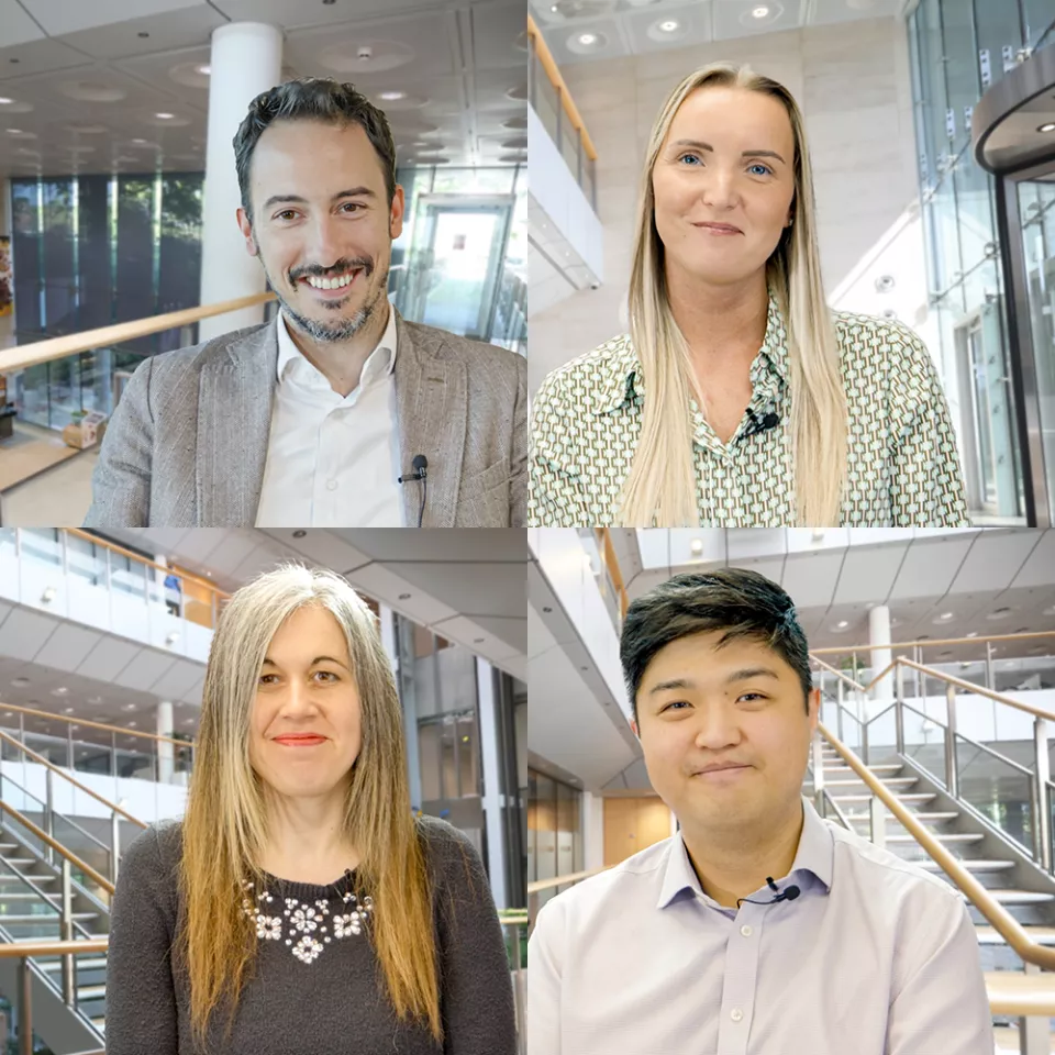 Shows 4 pepple in 2 rows - top is a man and woman and on the bottom row is a woman and man