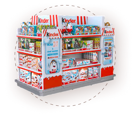 Ferrero Travel Market gondola displaying packaged confectionery products in a travel retail store.