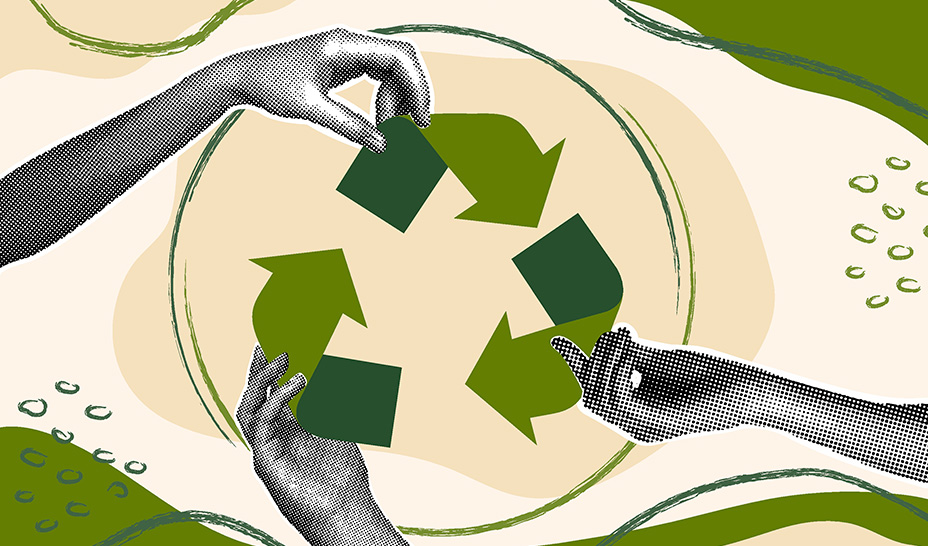 Artistic illustration of hands holding a green recycling symbol with abstract background elements.