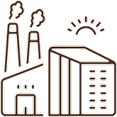 Factory and building icon with stylized sun in the background.