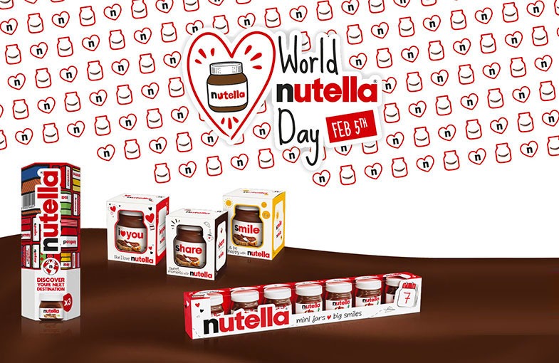 World Nutella Day with themed Nutella packs, hearts, and a QR code for "Discover Your Next Destination."