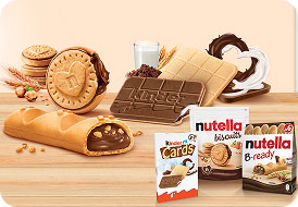 Assorted Kinder and Nutella biscuit products displayed with cookies, wafer and chocolate.