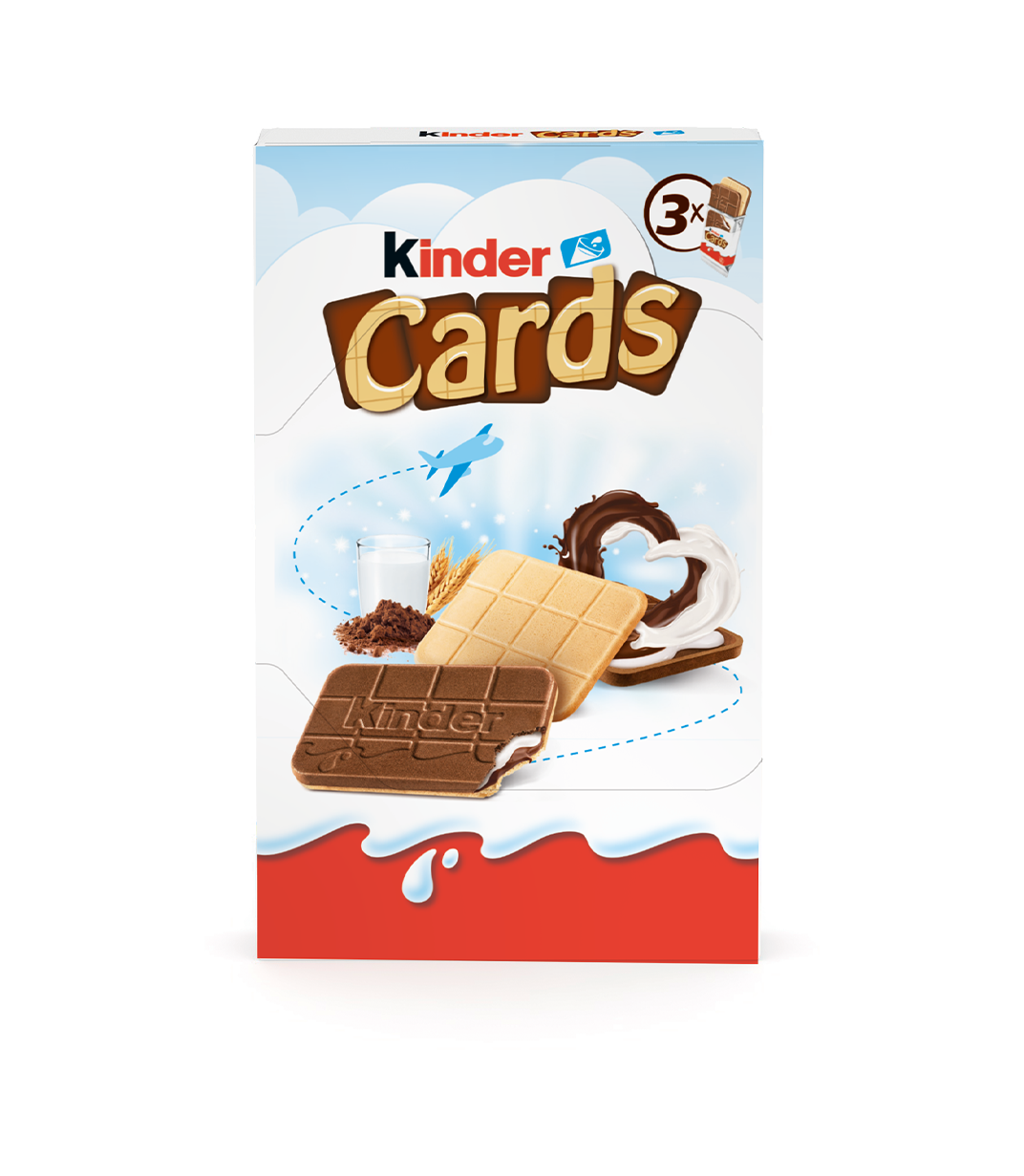 Kinder Cards box, white and orange. Features dark and white chocolate wafers, one bitten to show creamy filling