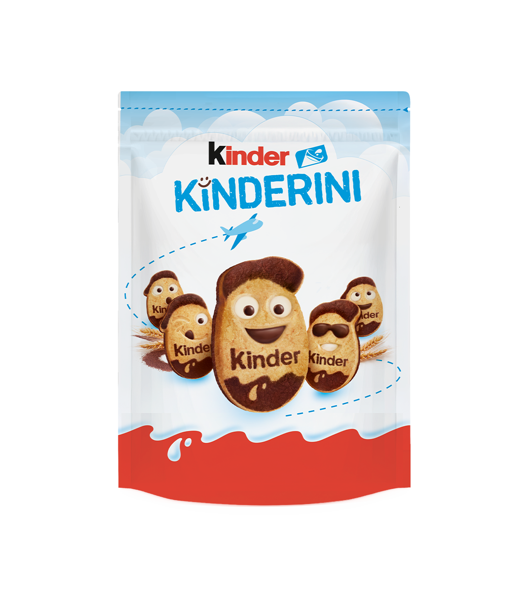 White Kinder Kinderini bag, with cartoon cookies and a "Scan & Play" QR code.