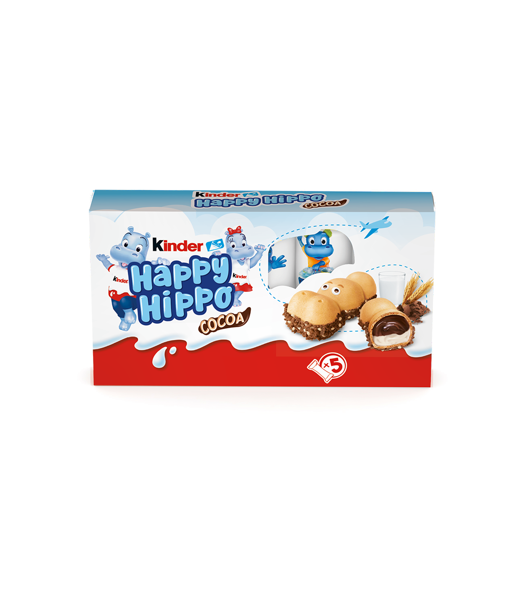  Happy Hippo Cocoa box, blue and white, with cartoon hippos. Biscuits show cream and cocoa filling.