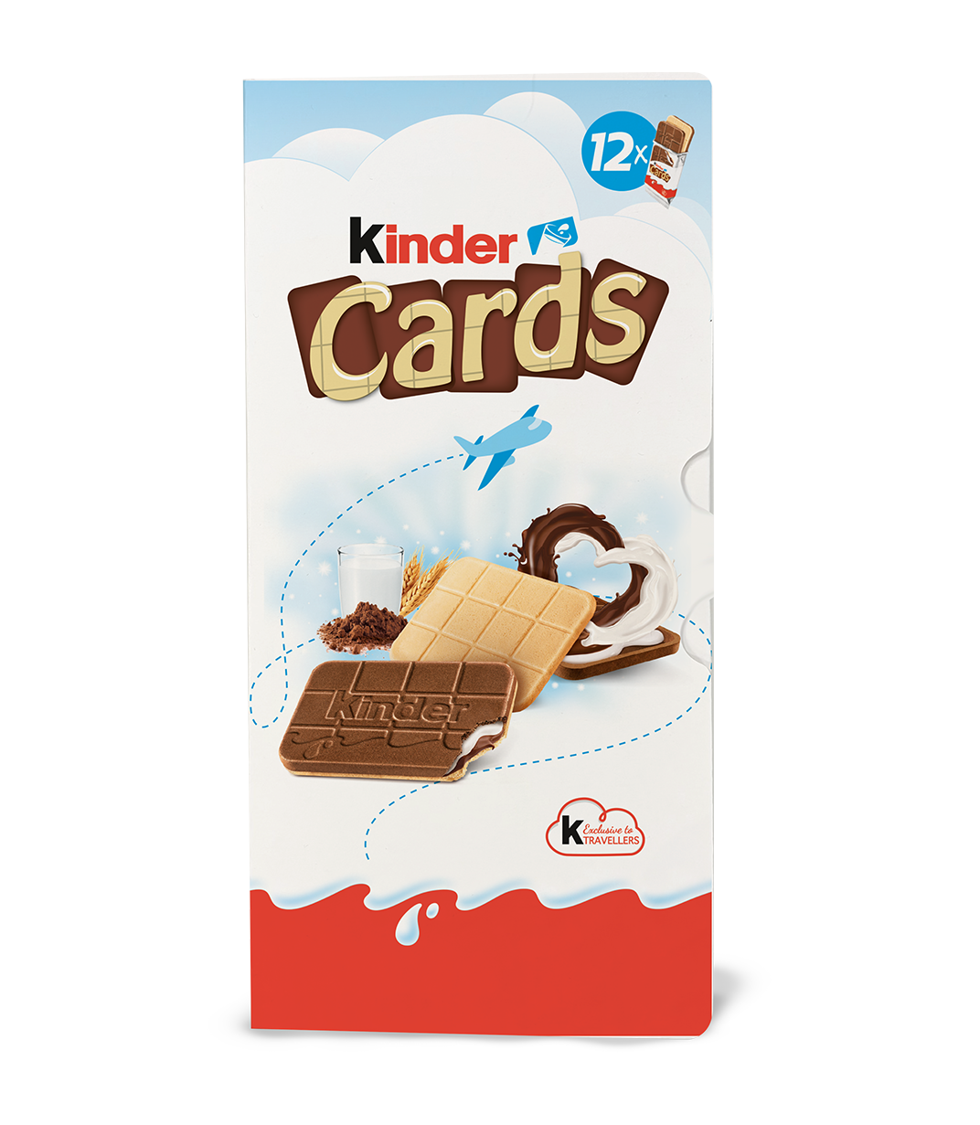 Kinder Cards "Travel & Share" package. Light blue, white, orange, showing two chocolate wafers and swirls.