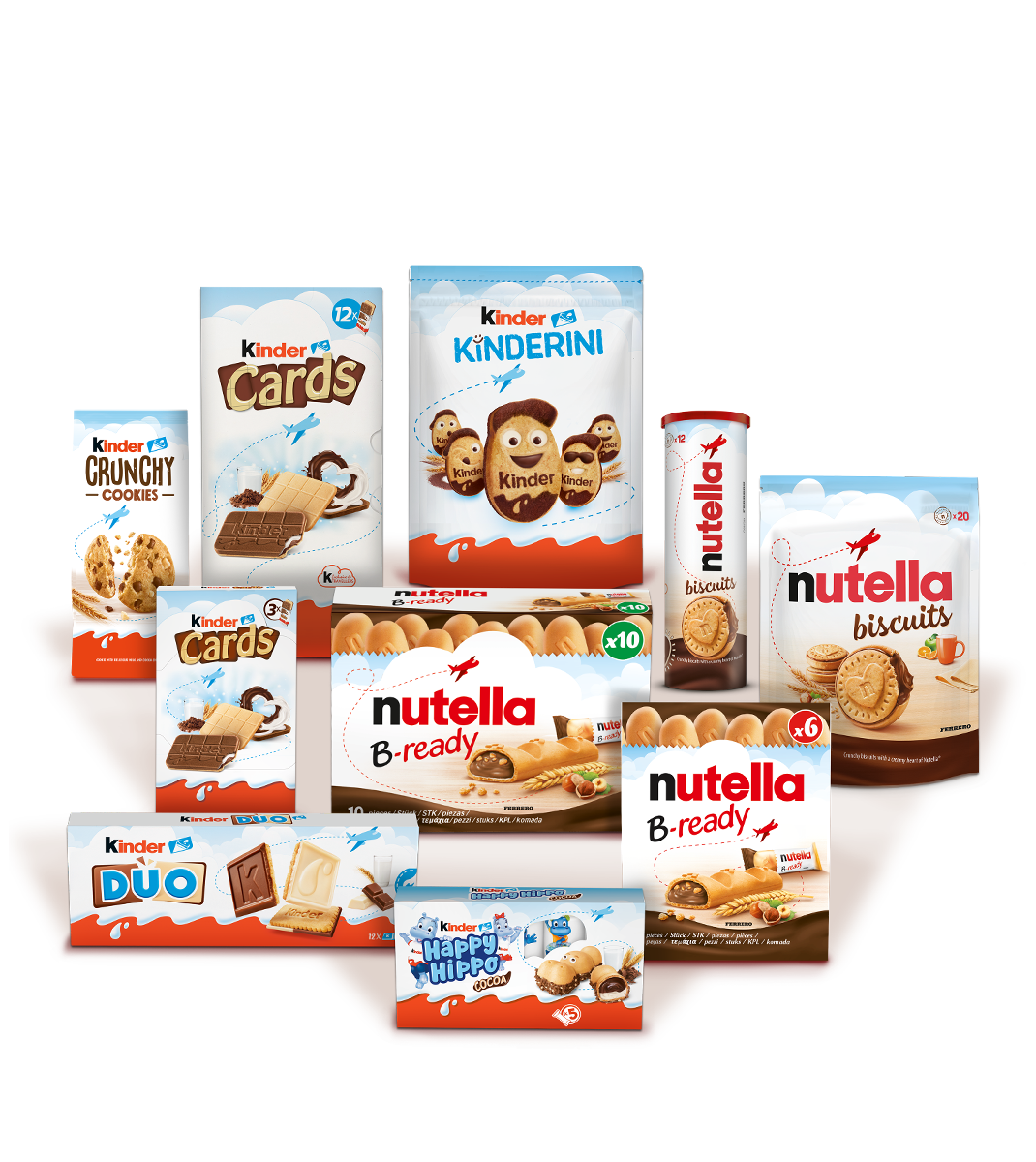 Assortment of Kinder Crunchy Cookies, Kinder Cards, Kinder Kinderini, Nutella Biscuits, Nutella B-ready, Kinder Duo and Happy Hippo Cocoa products.