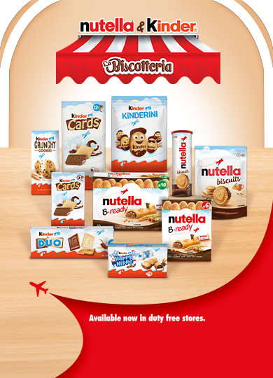 Assorted Kinder and Nutella biscuit products displayed with cookies, wafer and chocolate.