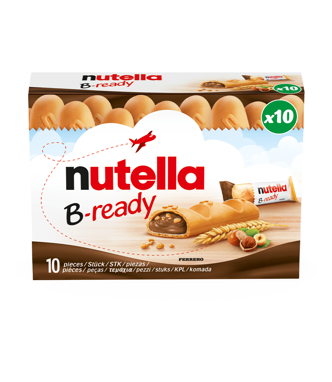 Nutella B-ready pack with 10 stick crispy wafer bars filled with Nutella and hazelnuts.