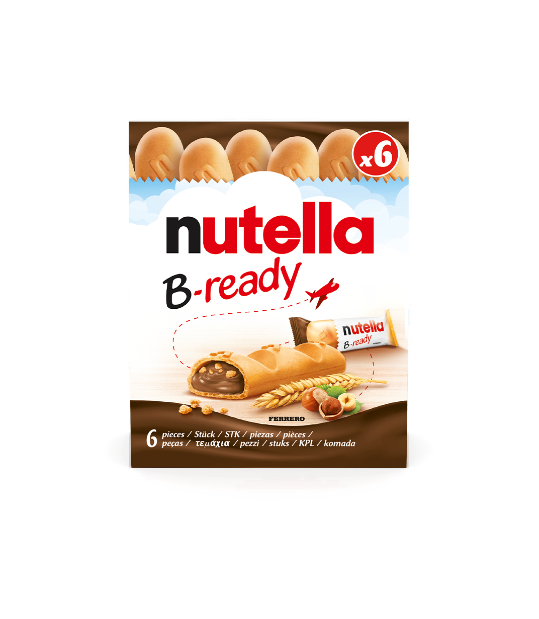 Nutella B-ready pack with 6 crispy wafer bars filled with Nutella and hazelnuts.
