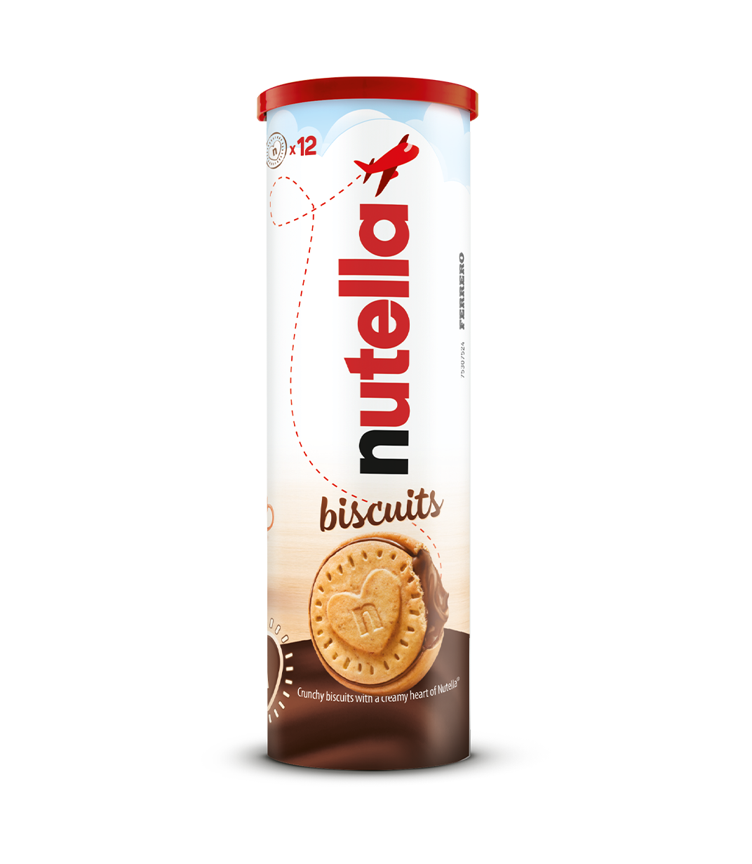 Nutella Biscuits cylindrical container, white with red lid. A biscuit with chocolate filling visible
