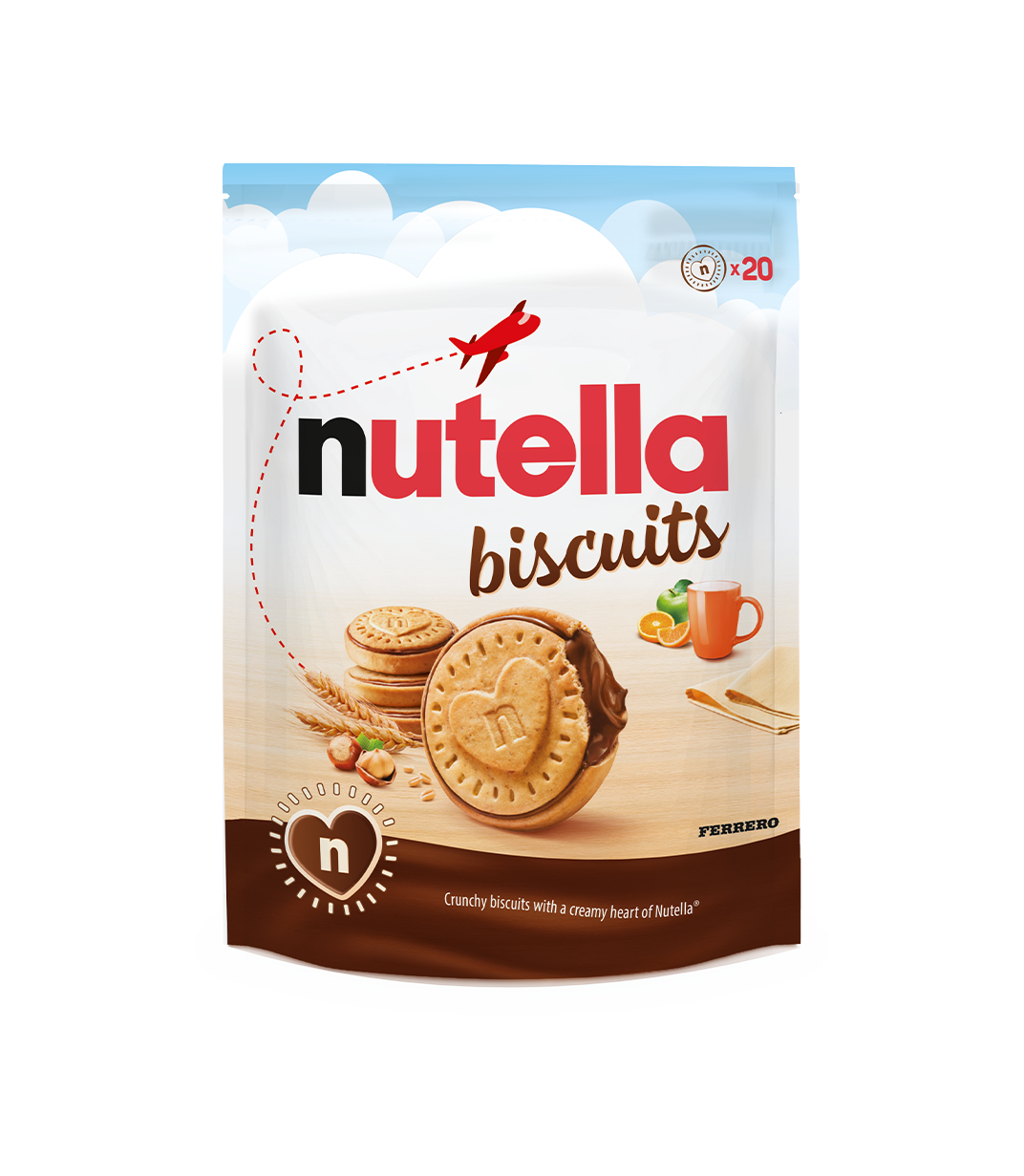 Nutella Biscuits container. A biscuit with chocolate filling visible
