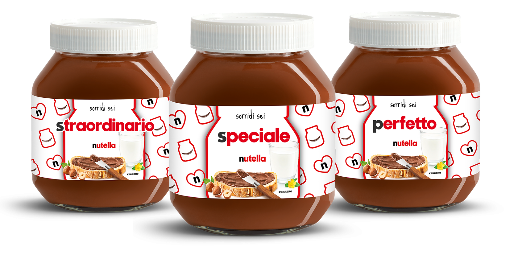 Tre vasetti di Nutella® con le etichette "fantastico", "speciale", "adorabile" su uno sfondo rosso