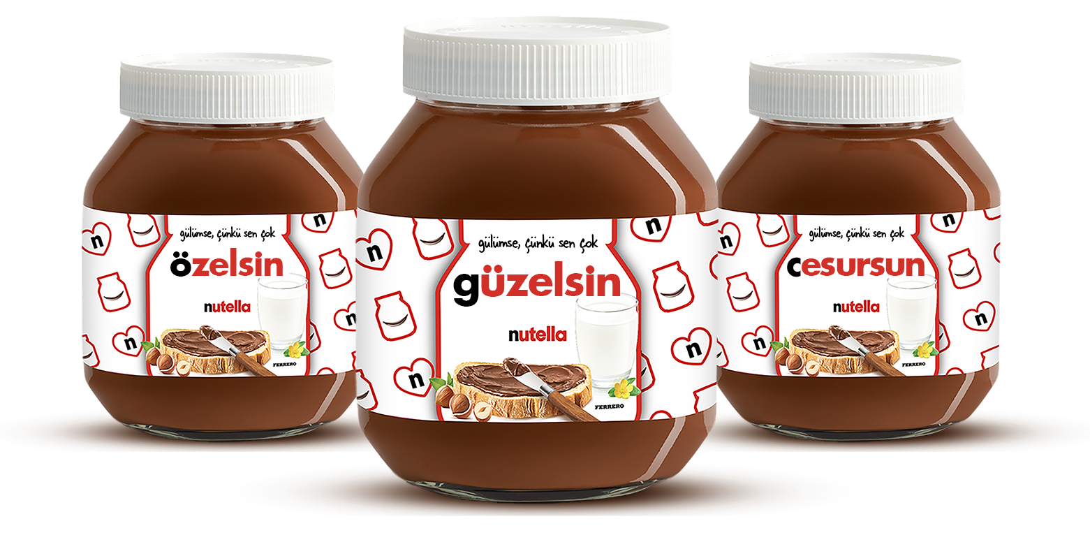 Three personalised Nutella jars with custom labels like 'perfect', 'lovely', and 'amazing', displayed on a red background, celebrating World Nutella Day.
