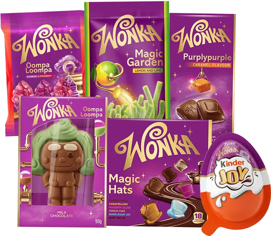 A stacked layout of purple Wonka candy packages, including Oompa Loompa milk chocolate figure, Magic Garden candy sticks, Purplypurple chocolate bar, Magic Hats, and a Wonka Kinder Joy egg.