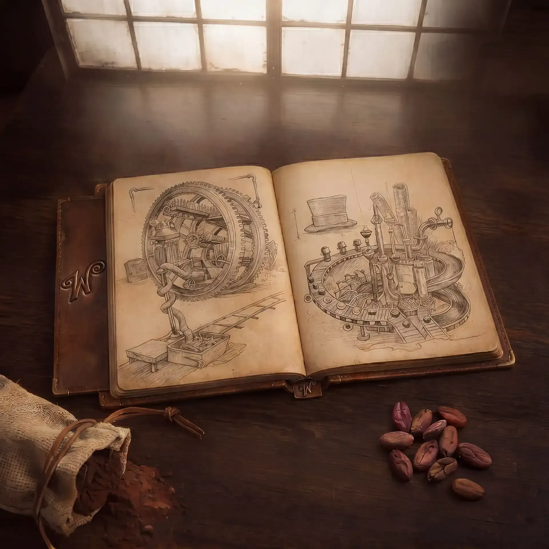 An open vintage leather-bound sketchbook showing detailed technical drawings of chocolate factory inventions, placed next to raw cocoa beans.