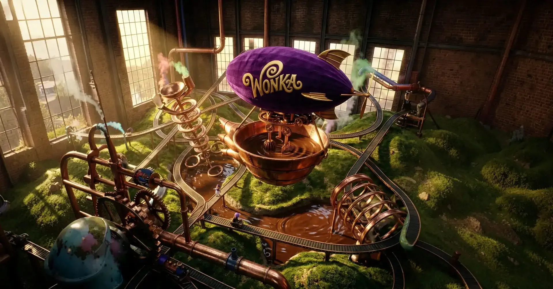 Wonka's chocolate factory filled with copper machinery, colorful steam, and a flying purple airship above a production line.