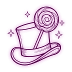 Neon purple icon featuring Willy Wonka's top hat and a lollipop surrounded by magical sparks.