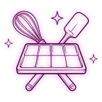 Neon purple icon showing a chocolate bar mold crossed with a whisk and spatula surrounded by magical sparks.