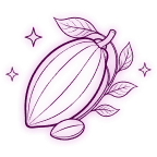 Neon purple icon of a cocoa pod with leaves and cocoa beans surrounded by magical sparks.