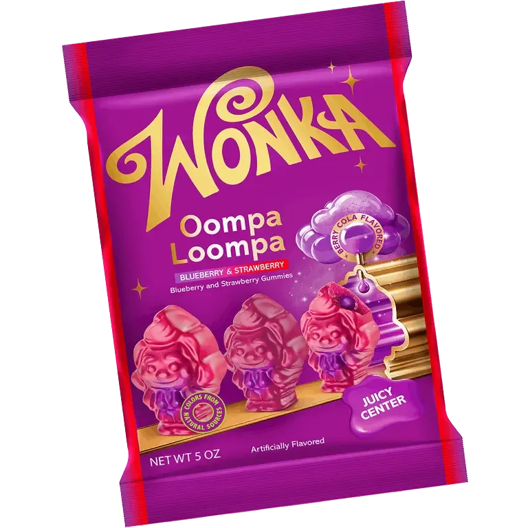 Purple pouch of Wonka Oompa Loompa blueberry and strawberry flavoured gummy candies with a juicy berry-cola center.