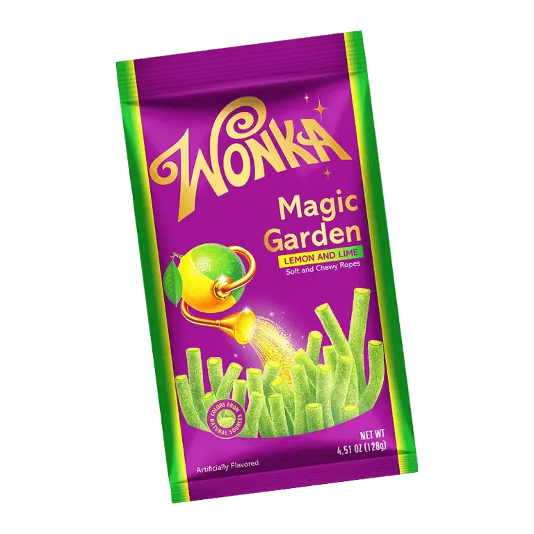 Purple and green 100g pouch of Wonka Magic Garden lemon and lime flavoured candy sticks.