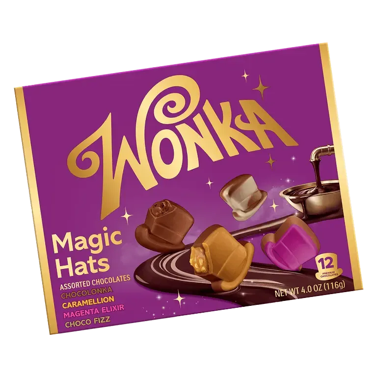 Purple box of Wonka Magic Hats chocolates containing 12 top-hat-shaped chocolates in assorted flavors like Chocolonka, Caramellion, Magenta Elixir, and Choco Fizz.