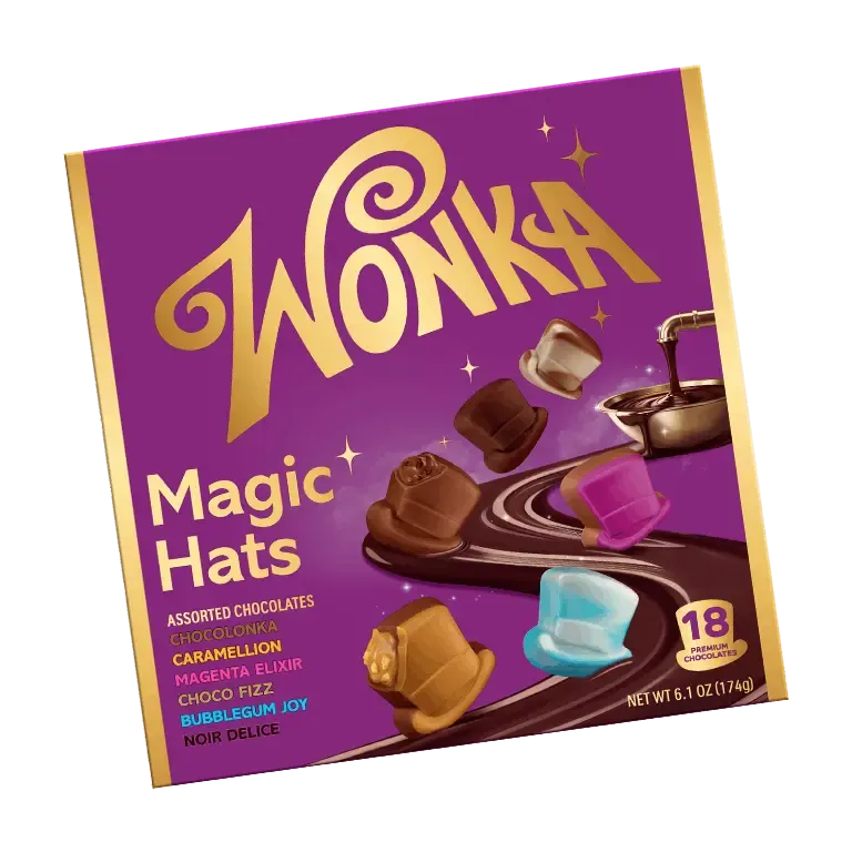Purple box of Wonka Magic Hats chocolates containing 18 premium top-hat-shaped chocolates in assorted flavors including Bubblegum Joy and Noir Delice.