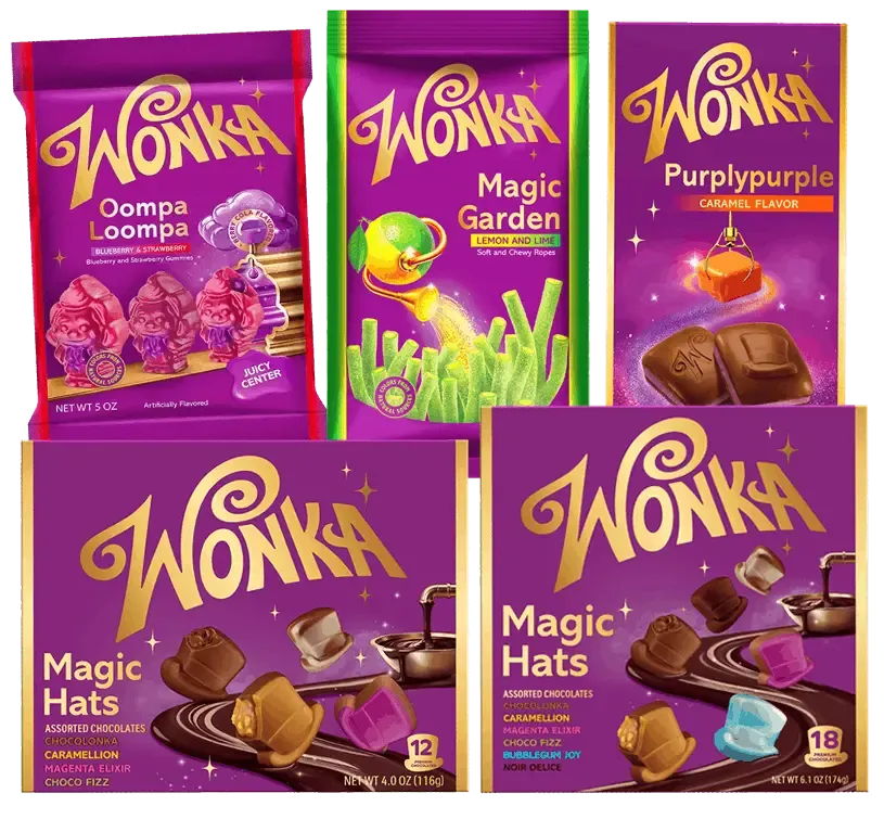 A stacked layout of purple Wonka candy packages, including Oompa Loompa milk chocolate figure, Magic Garden candy sticks, Purplypurple chocolate bar and Magic Hats.