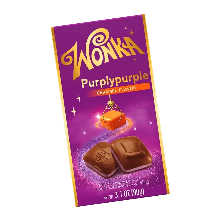 Purple packaging of Wonka Purplypurple 90g milk chocolate tablet with a purple caramel-flavoured filling.