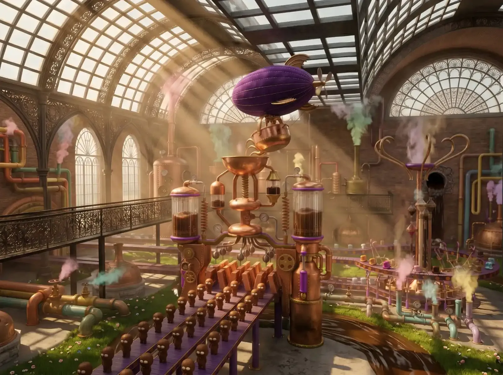 Wonka's chocolate factory filled with copper machinery, colorful steam, and a flying purple airship above a production line.