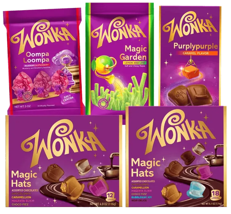 A stacked layout of purple Wonka candy packages, including Oompa Loompa milk chocolate figure, Magic Garden candy sticks, Purplypurple chocolate bar and Magic Hats.