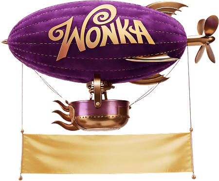 A retro-style purple and gold airship featuring the Wonka logo, carrying a blank golden banner underneath.