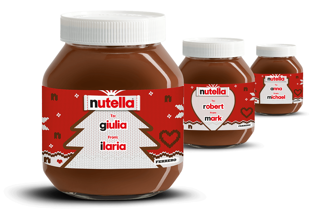 Three Nutella® knitted-labelled jars in a diagonal line, receding into the background on a festive red knitted style background.