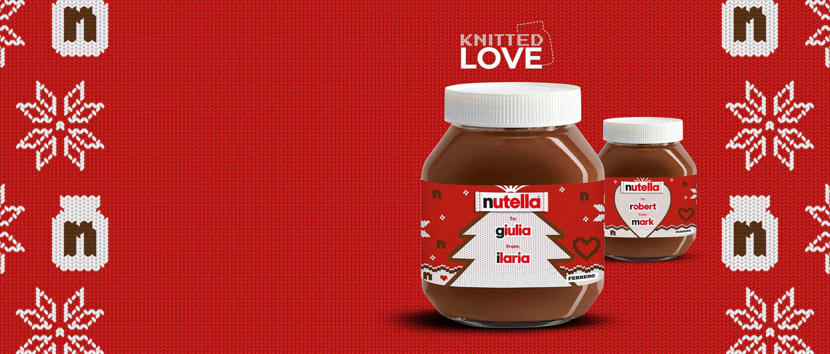 Två personliga Nutella-burkar med anpassade juletiketter med namn