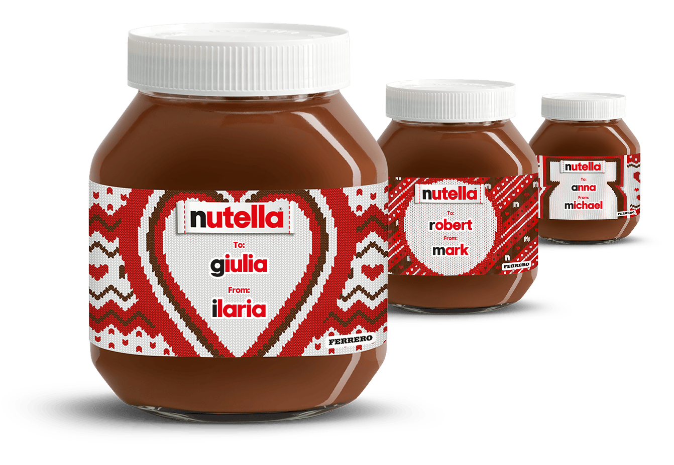 Three Nutella® knitted-labelled jars in a diagonal line, receding into the background on a festive red knitted style background.