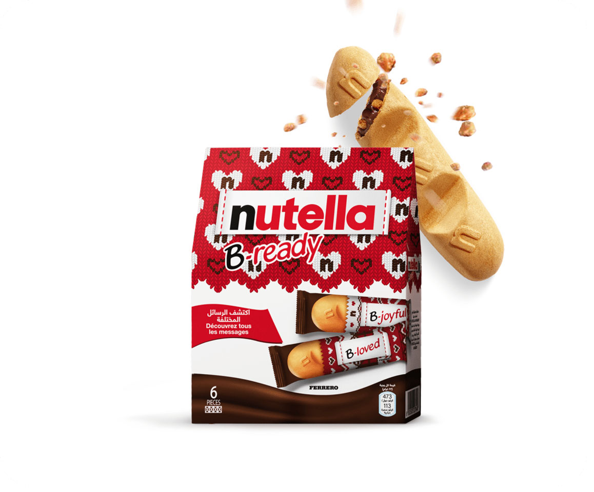 A packet of Nutella® B-ready Christmas Edition on a white background. One B-ready biscuit is shown in the top right corner.