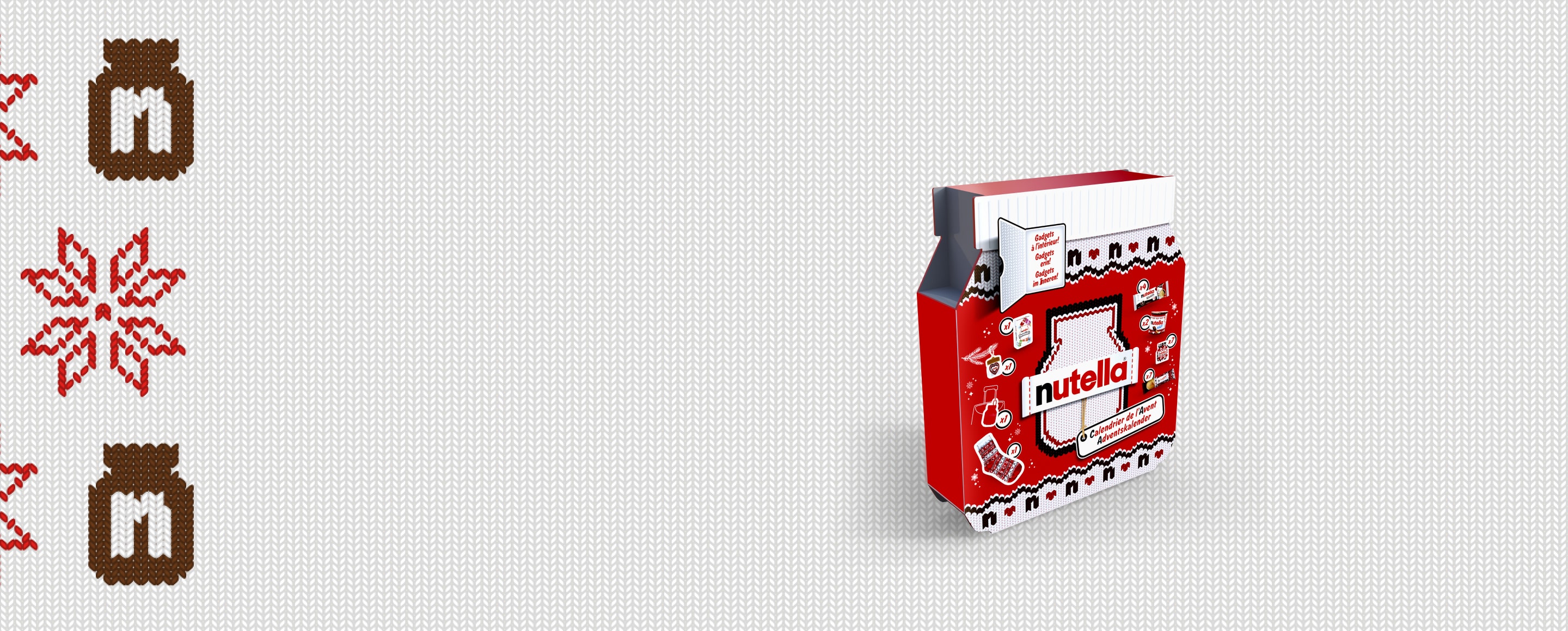 Nutella® Adventskalender, in de vorm van een pot Nutella® met een uniek etiket en het Nutella®-logo in het midden van de kalender.