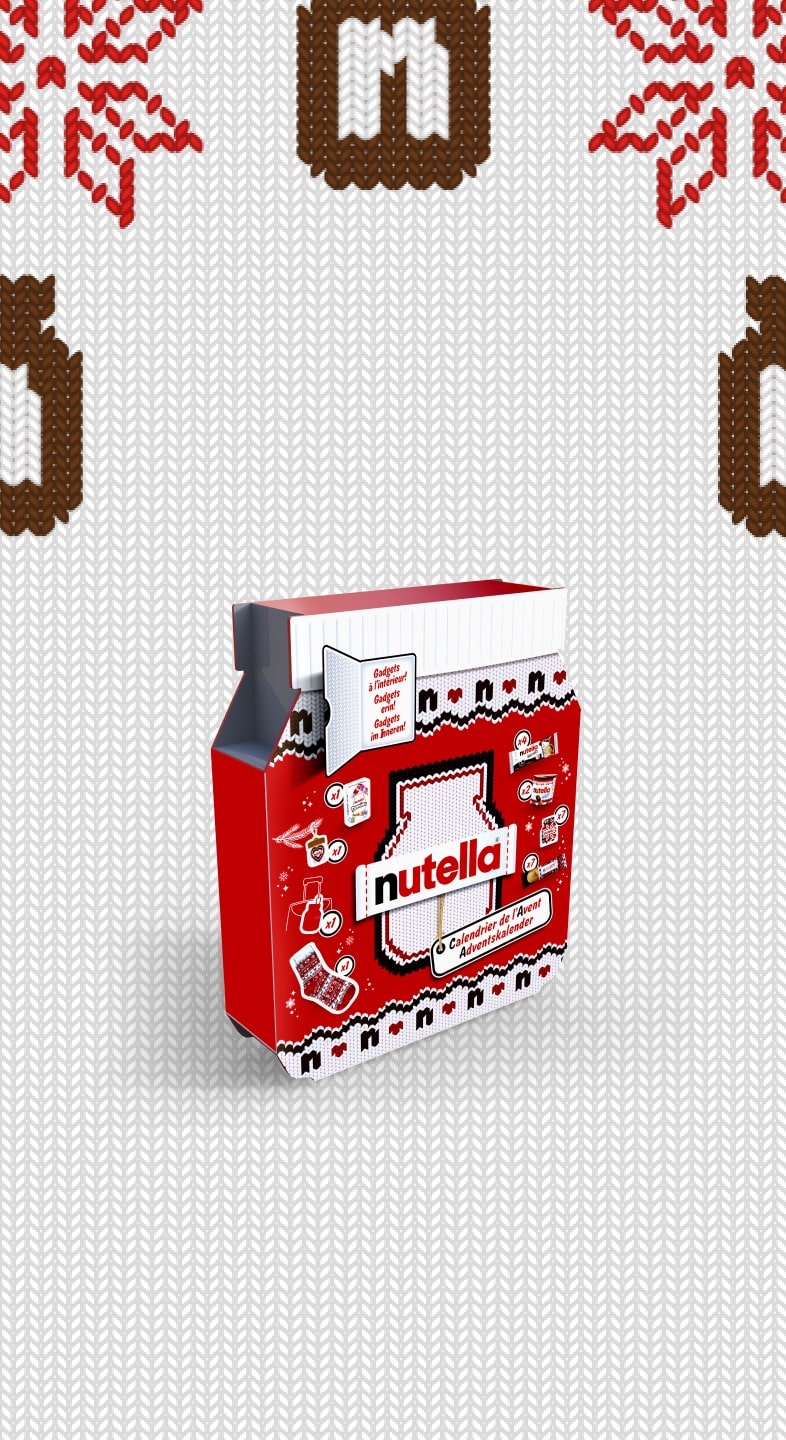 Calendrier de l'Avent Nutella®, en forme de pot de Nutella® avec une étiquette "tricotée" et le logo Nutella® au centre du calendrier.