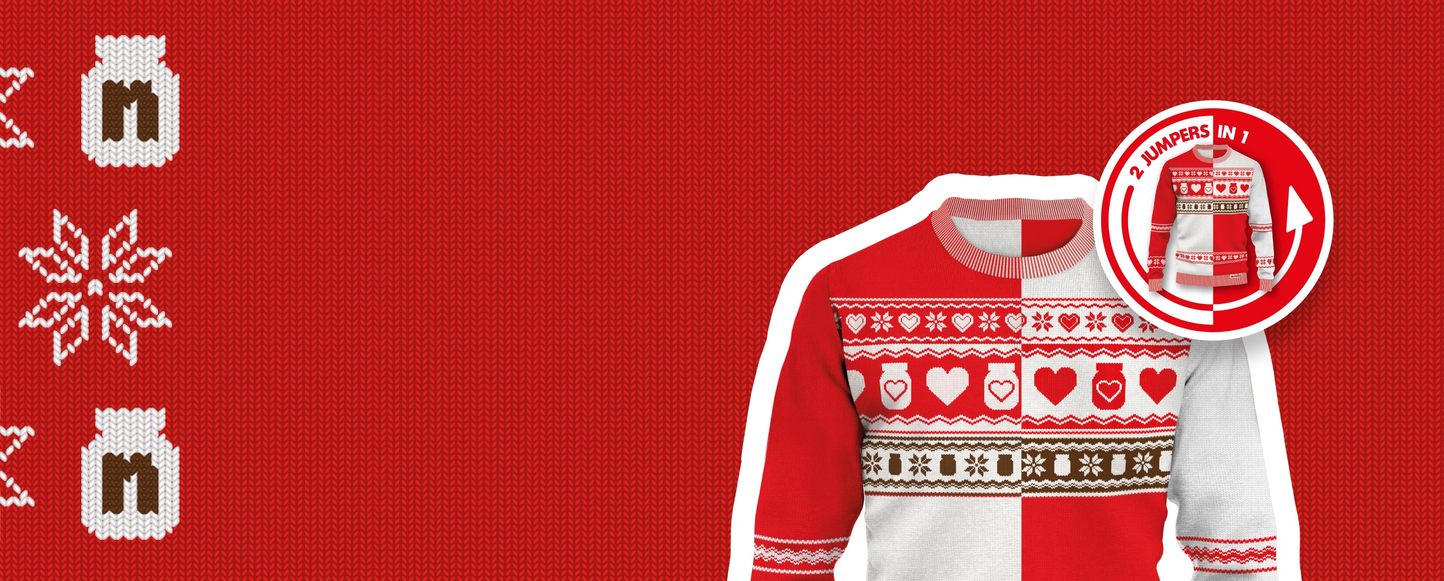 A red and white, reversible, knitted jumper has a Christmas design that features Nutella® jars with love hearts in the centre.