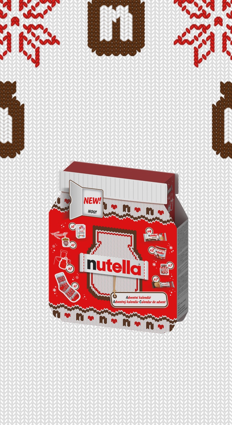 Adventní kalendář Nutella® ve tvaru sklenice Nutella® s „pleteným“ designem obalu a logem Nutella® uprostřed kalendáře.