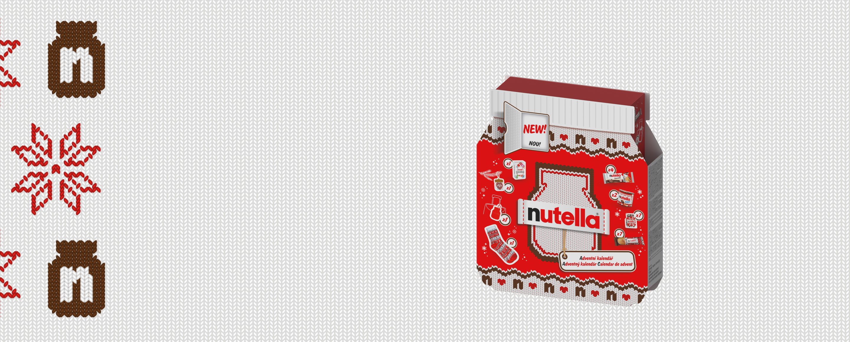 Adventní kalendář Nutella® ve tvaru sklenice Nutella® s „pleteným“ designem obalu a logem Nutella® uprostřed kalendáře.