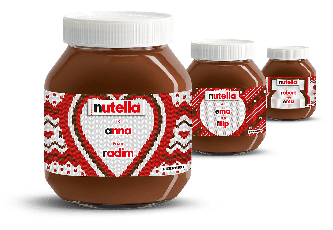 Three Nutella® knitted-labelled jars in a diagonal line, receding into the background on a festive red knitted style background.