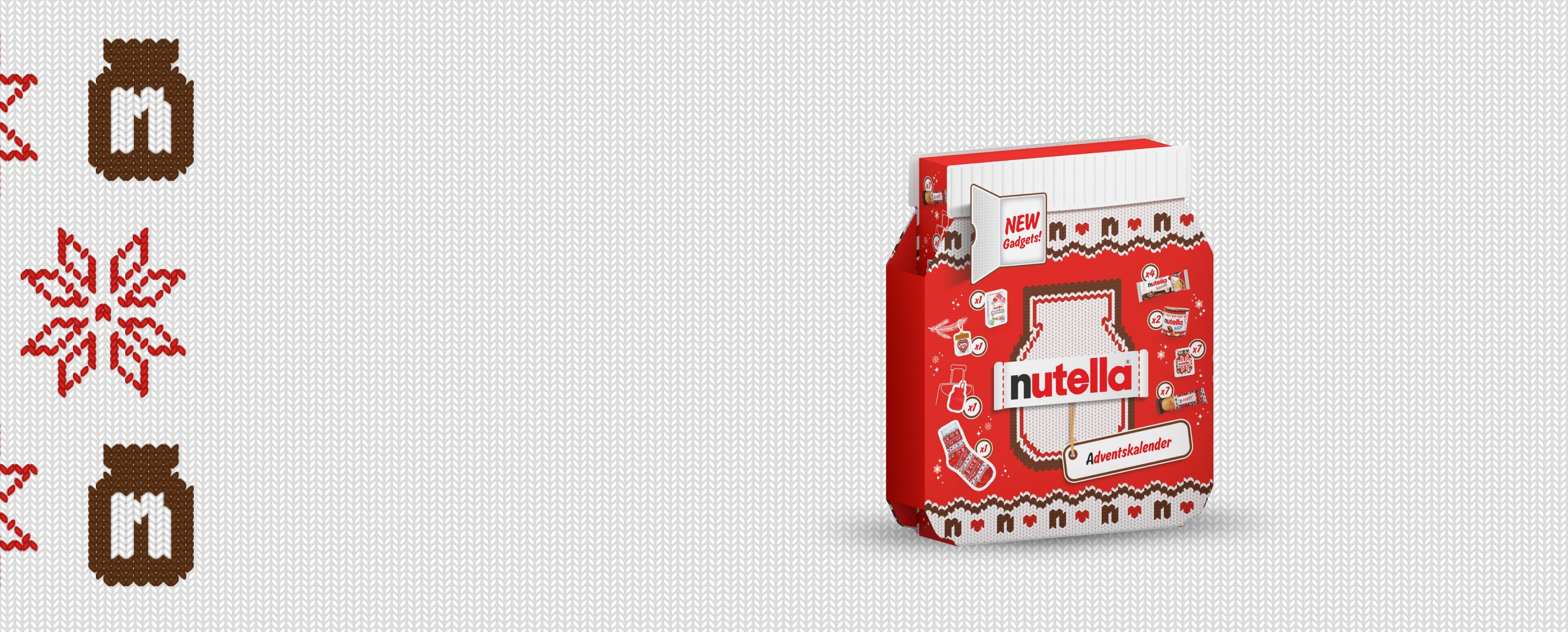 Nutella® Advent Calendar, shaped as a jar of Nutella® with a "knitted" label and the Nutella® logo in the centre of the calendar.