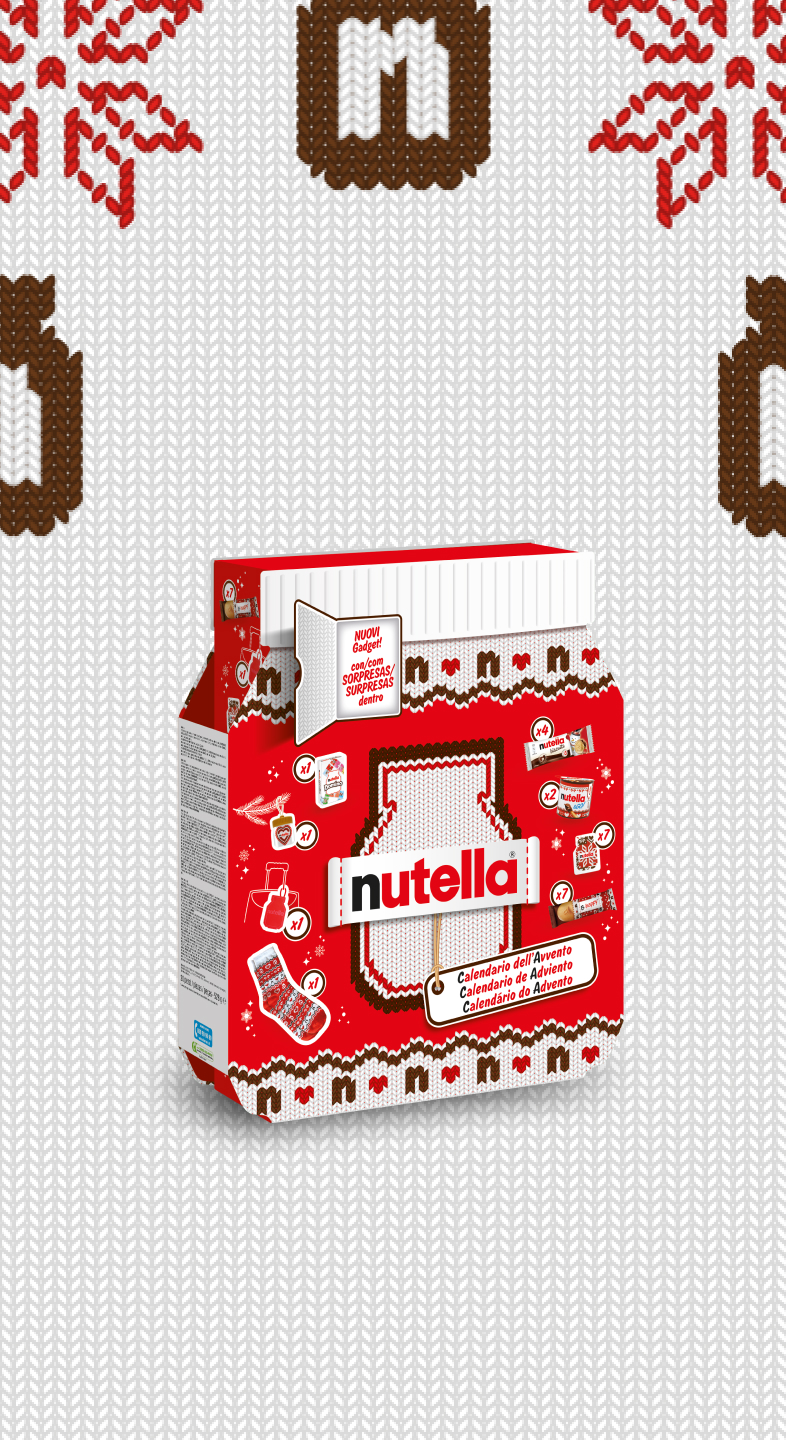 Nutella® Advent Calendar, shaped as a jar of Nutella® with a "knitted" label and the Nutella® logo in the centre of the calendar.