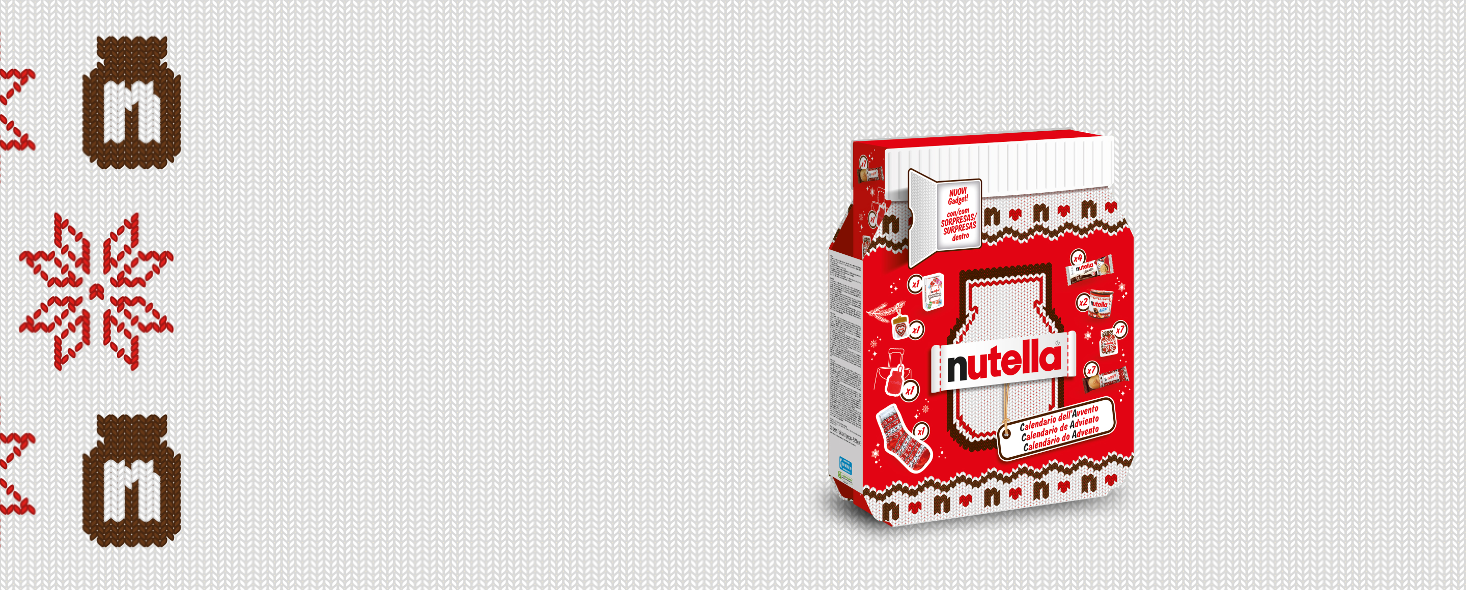 Nutella® Advent Calendar, shaped as a jar of Nutella® with a "knitted" label and the Nutella® logo in the centre of the calendar.