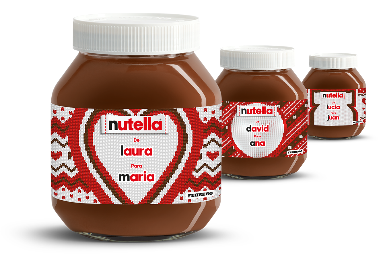 Three Nutella® knitted-labelled jars in a diagonal line, receding into the background on a festive red knitted style background.