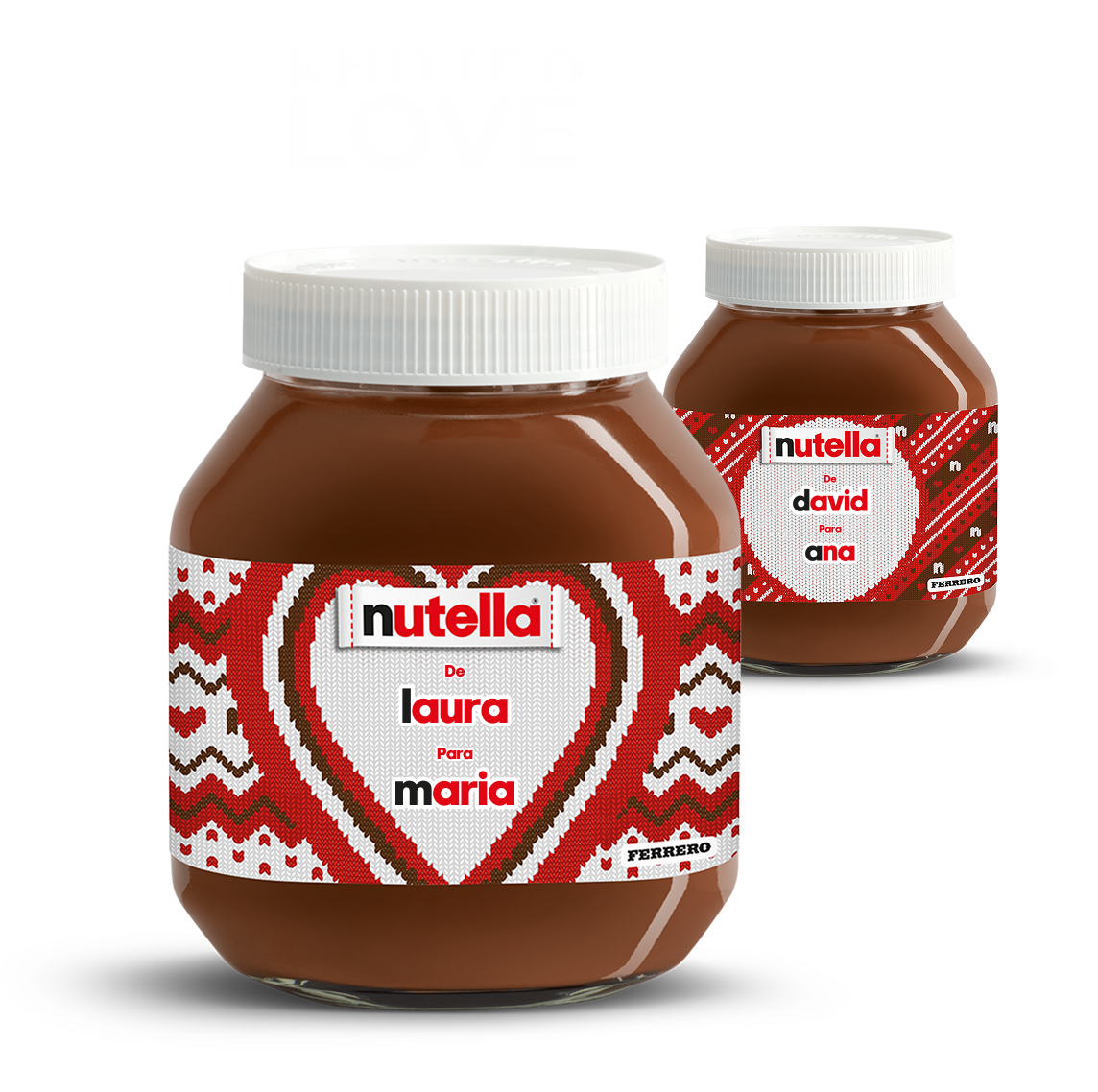 Two Nutella® "knitted" labelled jars in a diagonal line, receding into the background on a festive red knitted style background.